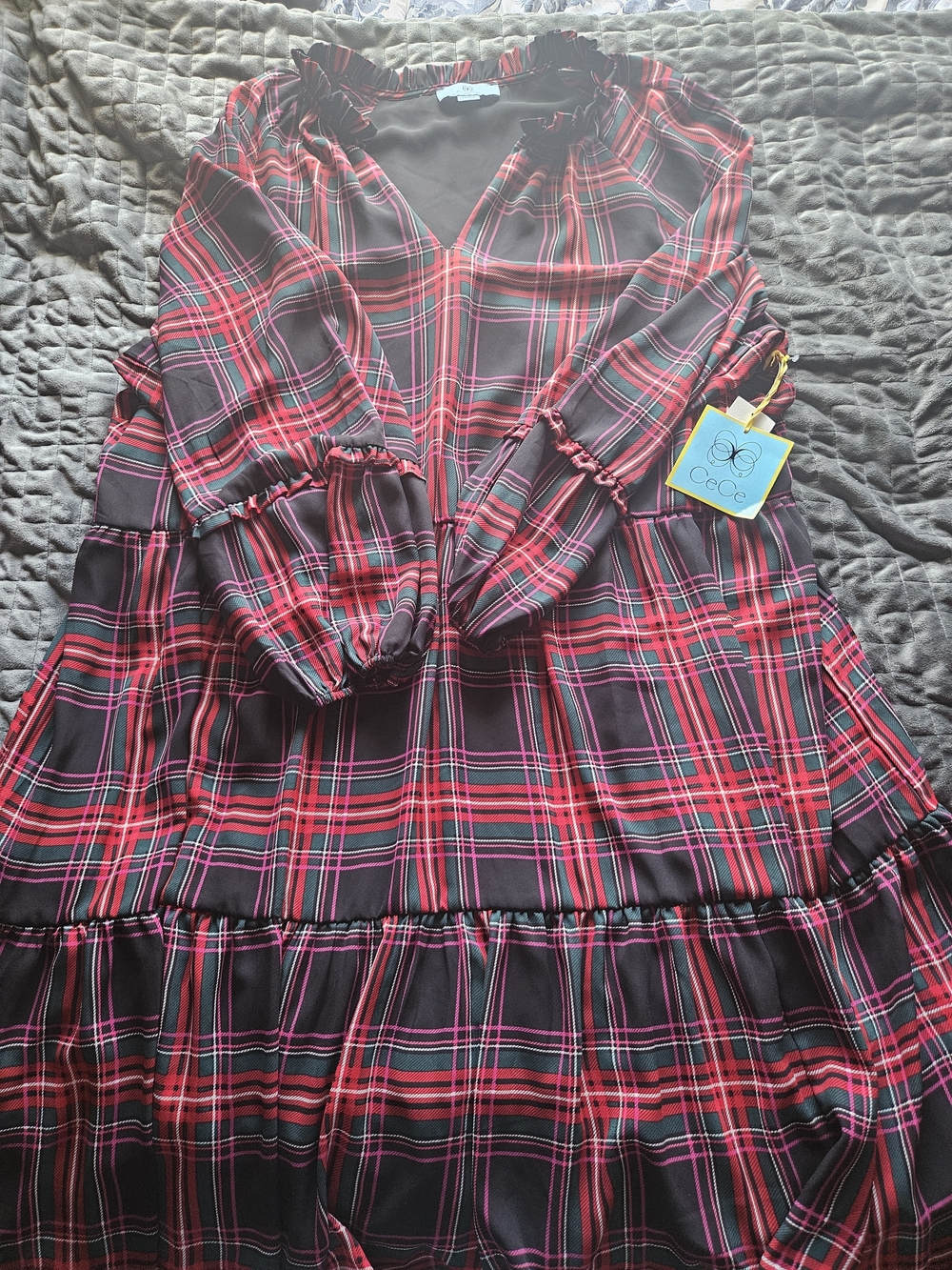 CeCe Red and Black Plaid Tiered Long Sleeve Dress
